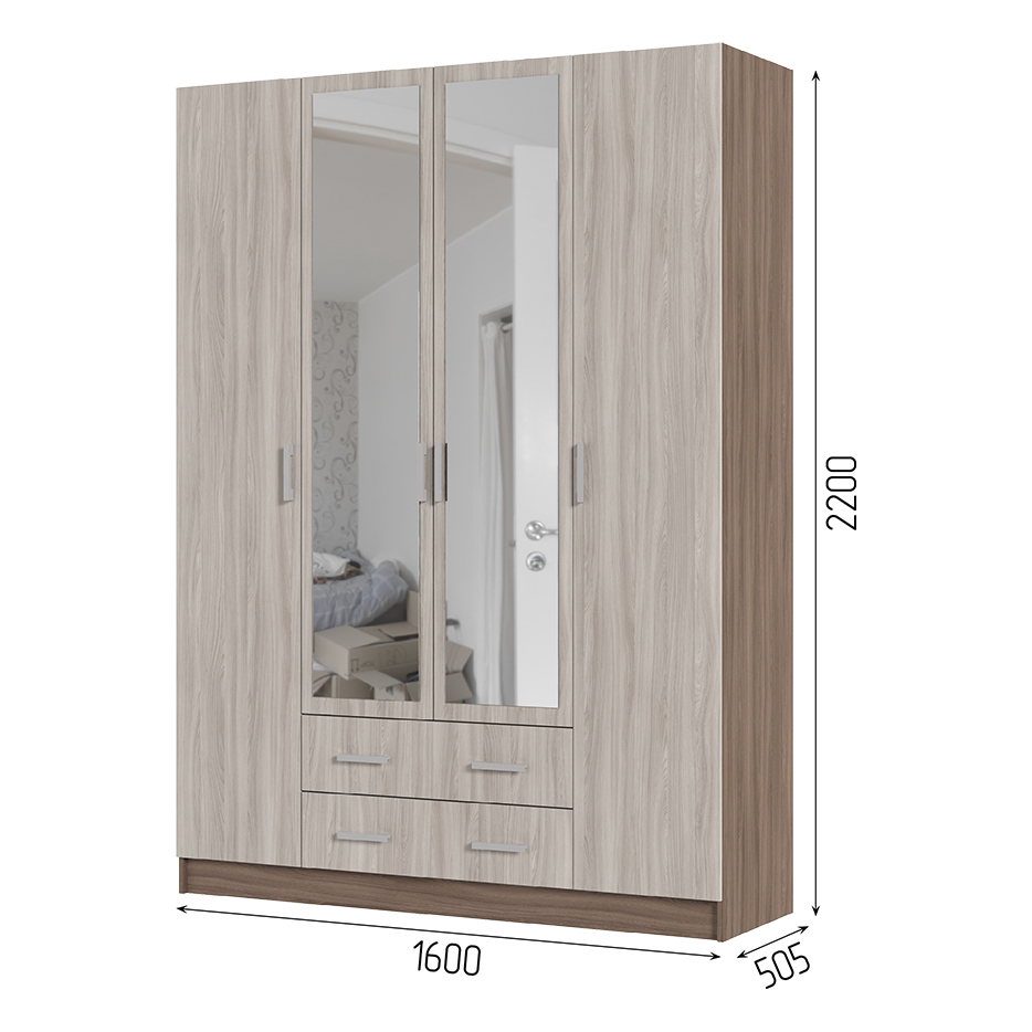 Спальня Шкаф 4х створчатый ГАРМОНИЯ ШК 602 М (Квадро) (1,6х2,2х0,5) фасад ШИМО СВЕТЛ/корпус ШИМО ТЕМ
