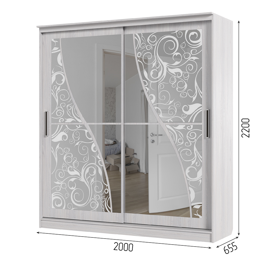 Шкаф купе ОЛИМП 2  (2000х2200х650) зеркало,пескоструй АНКОР/АНКОР