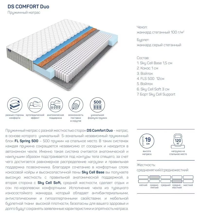 Матрас с чехлом DS Comfort Duo 120*200 h=19 БС