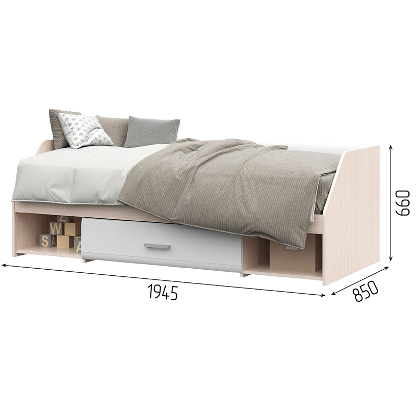 Спальня СИМБА кровать одноярусная (1942х660х848) фасад МДФ БЕЛЫЙ ГЛЯНЕЦ/корпус БЕЛФОРТ