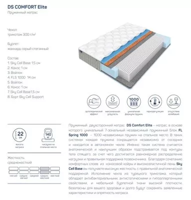Матрас с чехлом DS Comfort Elite 140*195 h=22 БС